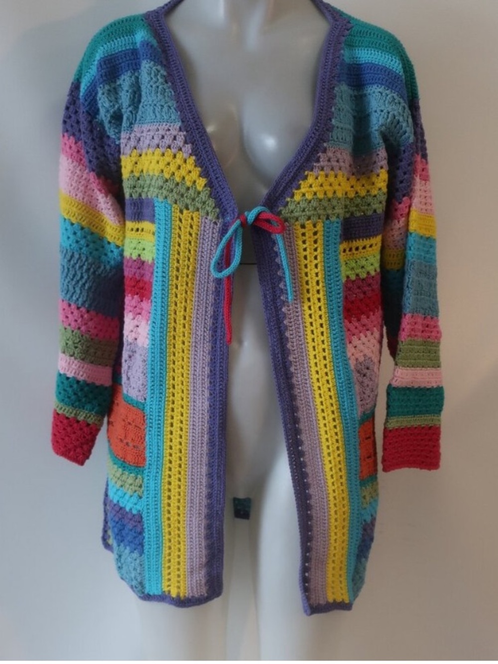 100%Cotton Granny square rainbow 🌈🦋🌺patchwork Open Cardigan Sweater - Vibrant . - Picture 7 of 17